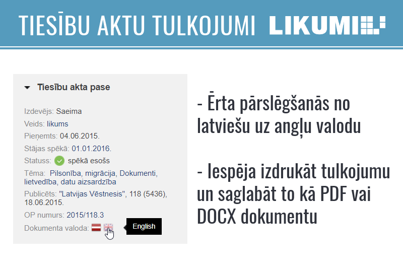 Jaunas iespējas Likumi.lv lietotājiem: tiesību aktu tulkojumi