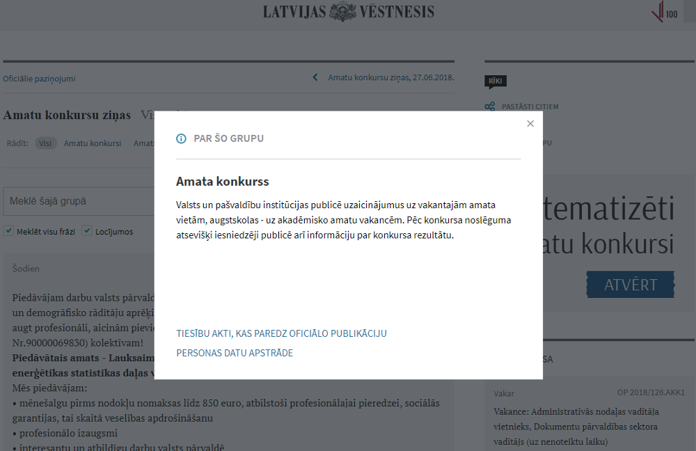 Amatu konkursi "Latvijas Vēstnesī" - kārtība līdz gada nogalei nemainīga
