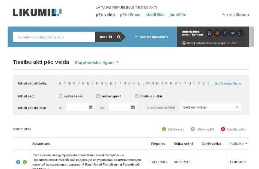 Tiesību aktu vietnē Likumi.lv - arī sistematizēti starptautiskie līgumi