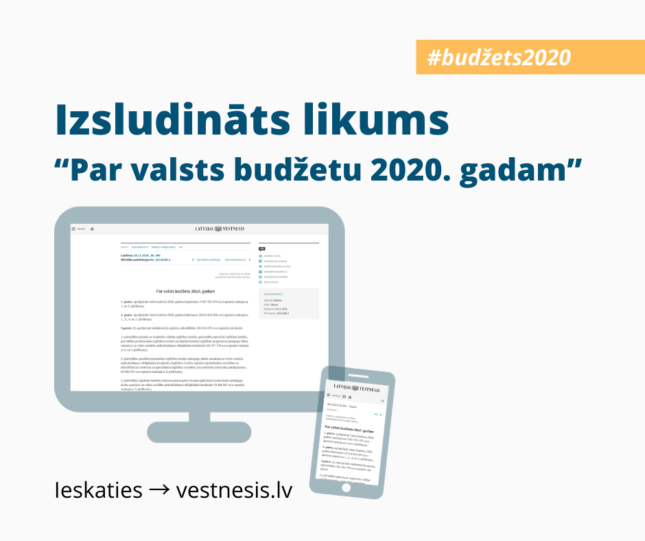 Izsludināts likums “Par valsts budžetu 2020. gadam”