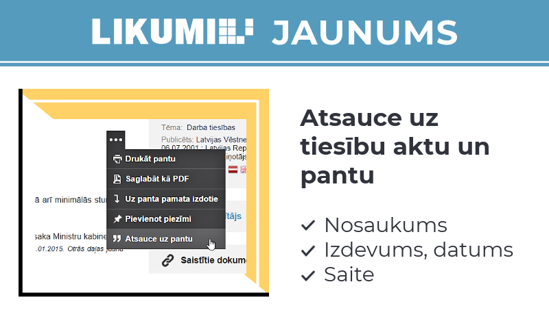 Likumi.lv jaunums: atsauce uz tiesību aktu un pantu