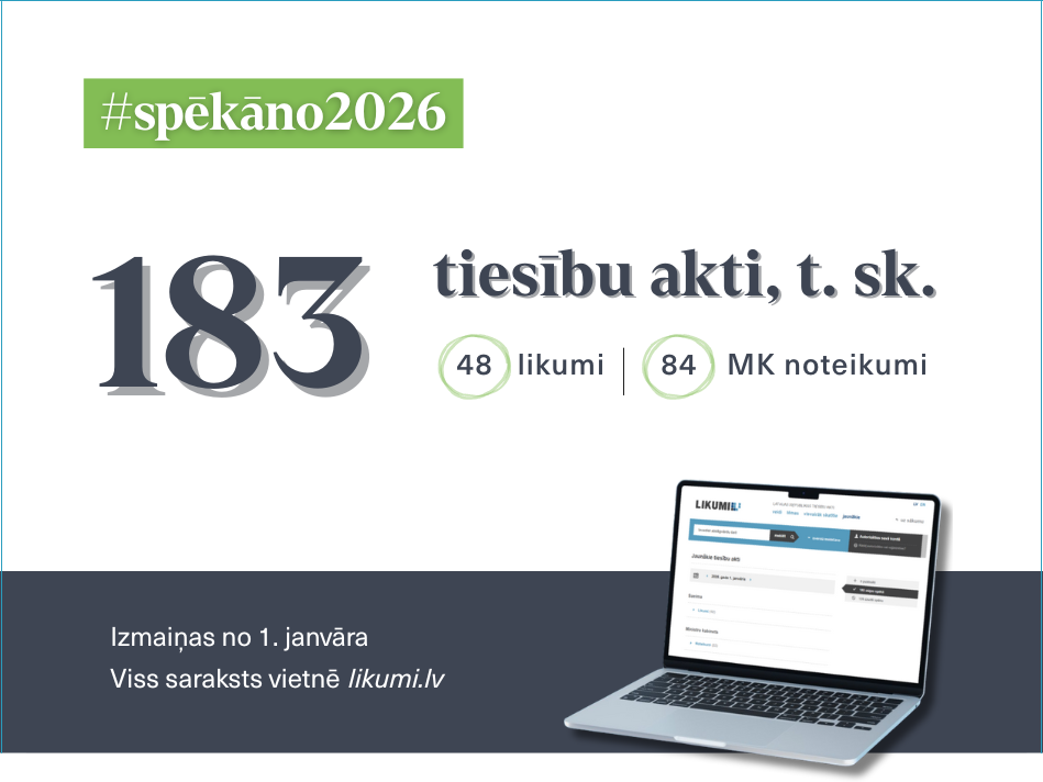 Attēlā: kampaņas #spēkāno2026 sauklis, tiesību aktu skaits, kas stāsies spēkā 1. janvārī, datorekrānā vietne "likumi.lv". 