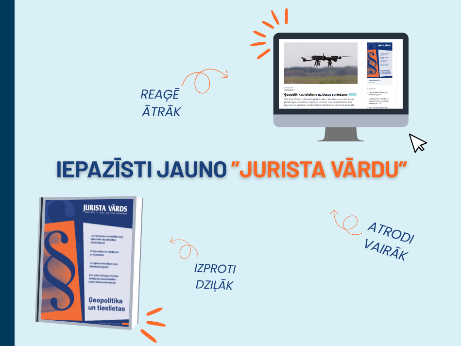 Attēlā: uzraksts "Iepazīsti jauno Jurista Vārdu". Datorā ekrānšāviņš no portāla "juristavards.lv", kā arī attēlots jaunais žurnāls. 