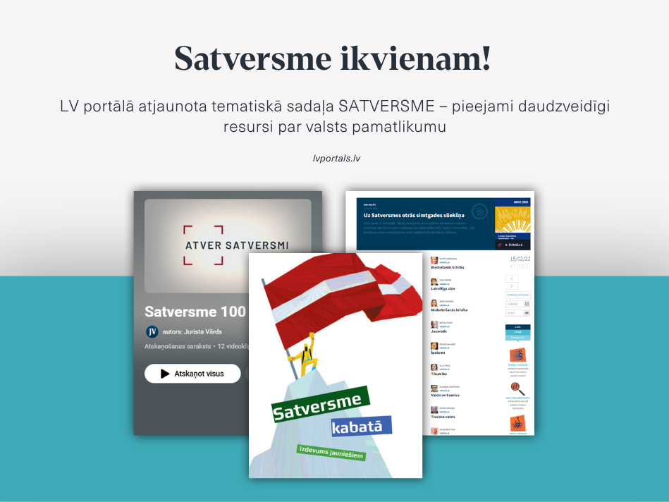 Attēlā: grāmatas "Satversme kabatā" grāmatas vāks, filmas "Atver Satversmi" atskaņošanas saraksts, kā arī esejas par Satversmi. 